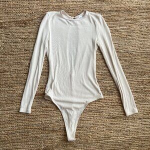 American Apparel Open Back Keyhole Thong Ribbed Bodysuit in Cream Small Medium